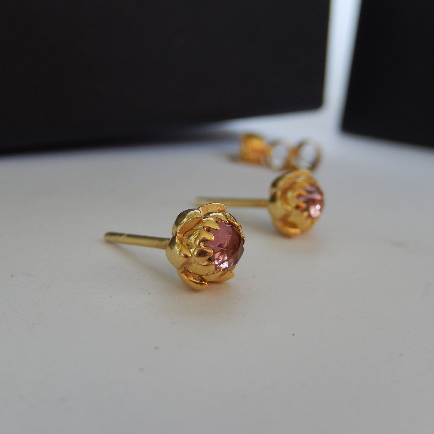 Solid 9ct Yellow Gold Petite Protea Stud Earrings (Pink Tourmaline)