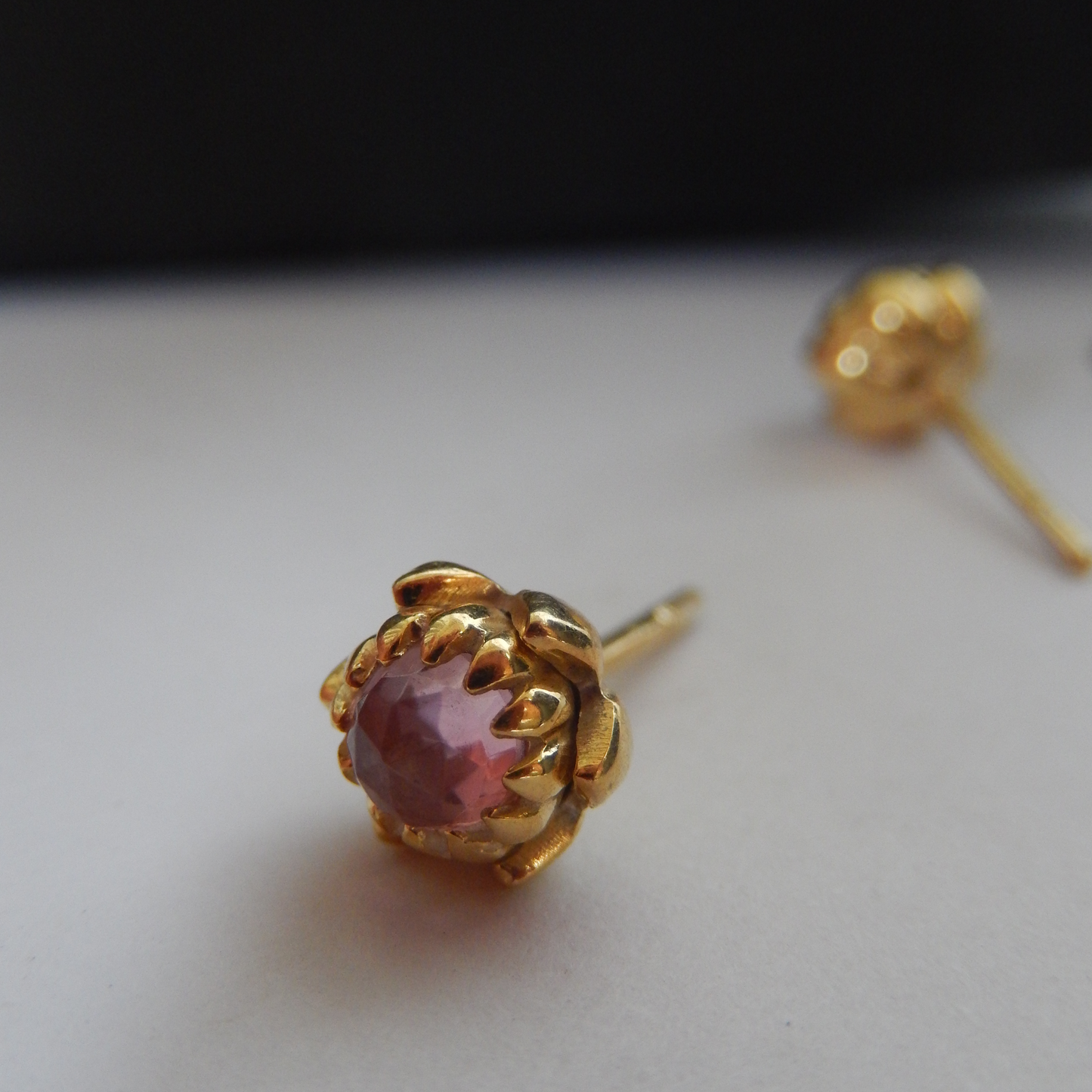 Solid 9ct Yellow Gold Petite Protea Stud Earrings (Pink Tourmaline)