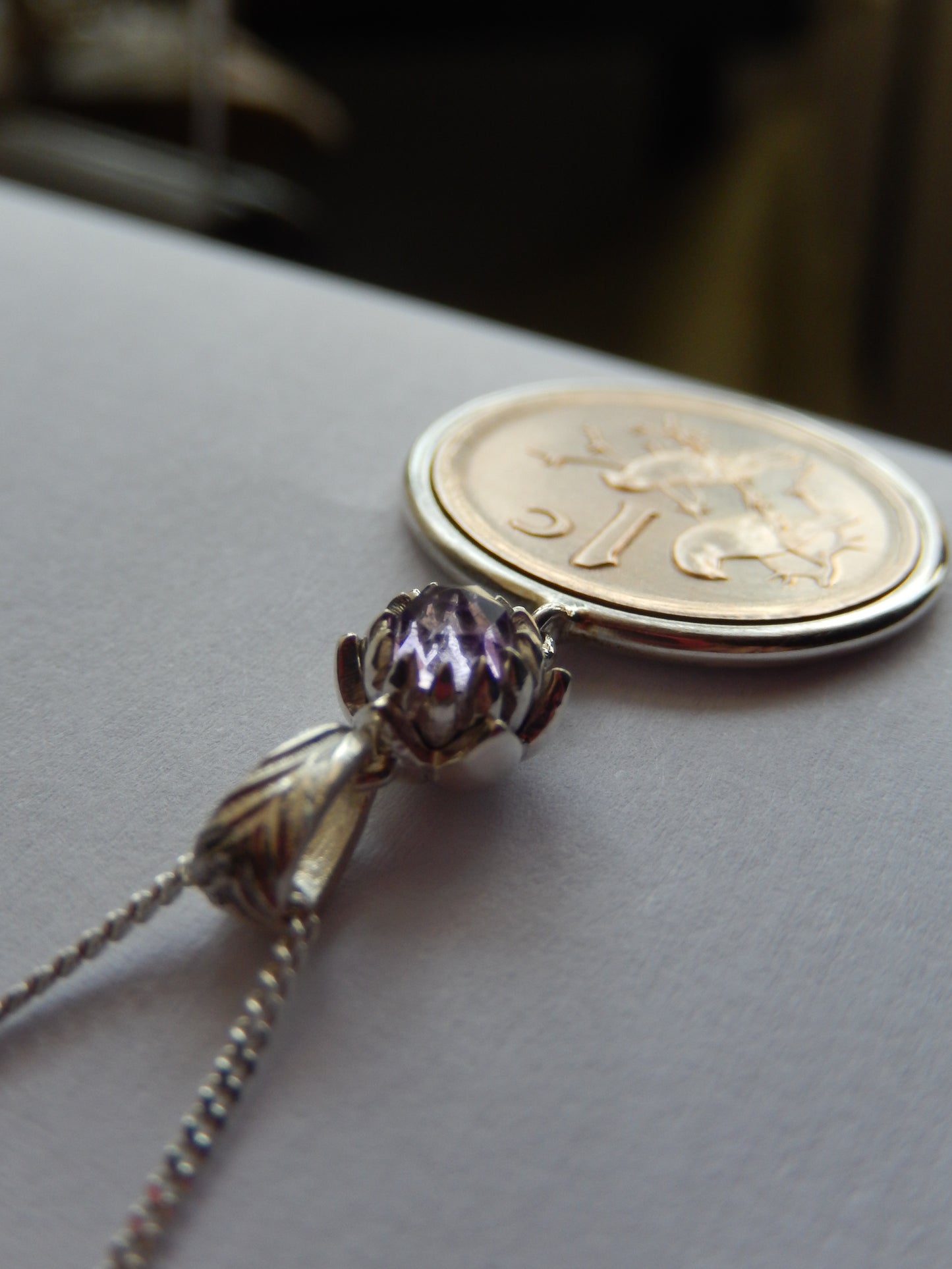 Classic One Cent and Protea Birthstone Necklace - February (Amethyst)