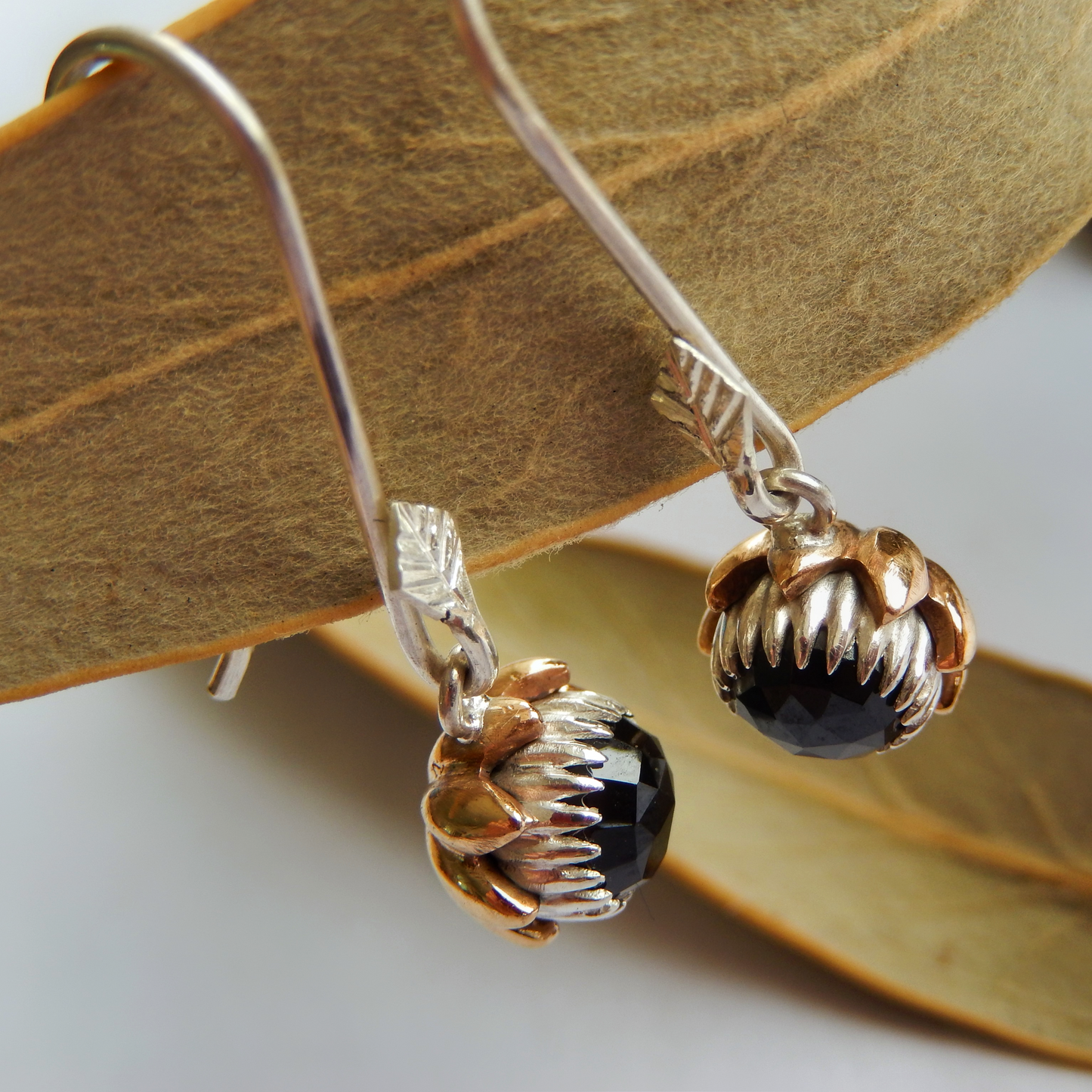 Bold Protea Hook Earrings (Black Spinel)