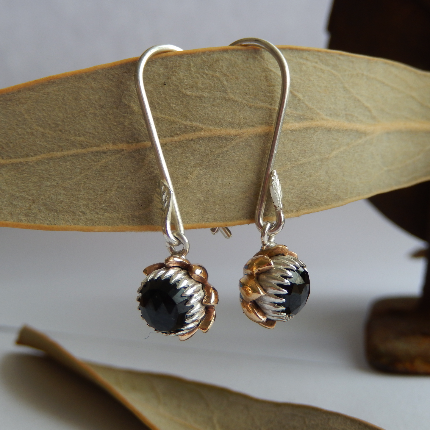 Bold Protea Hook Earrings (Black Spinel)