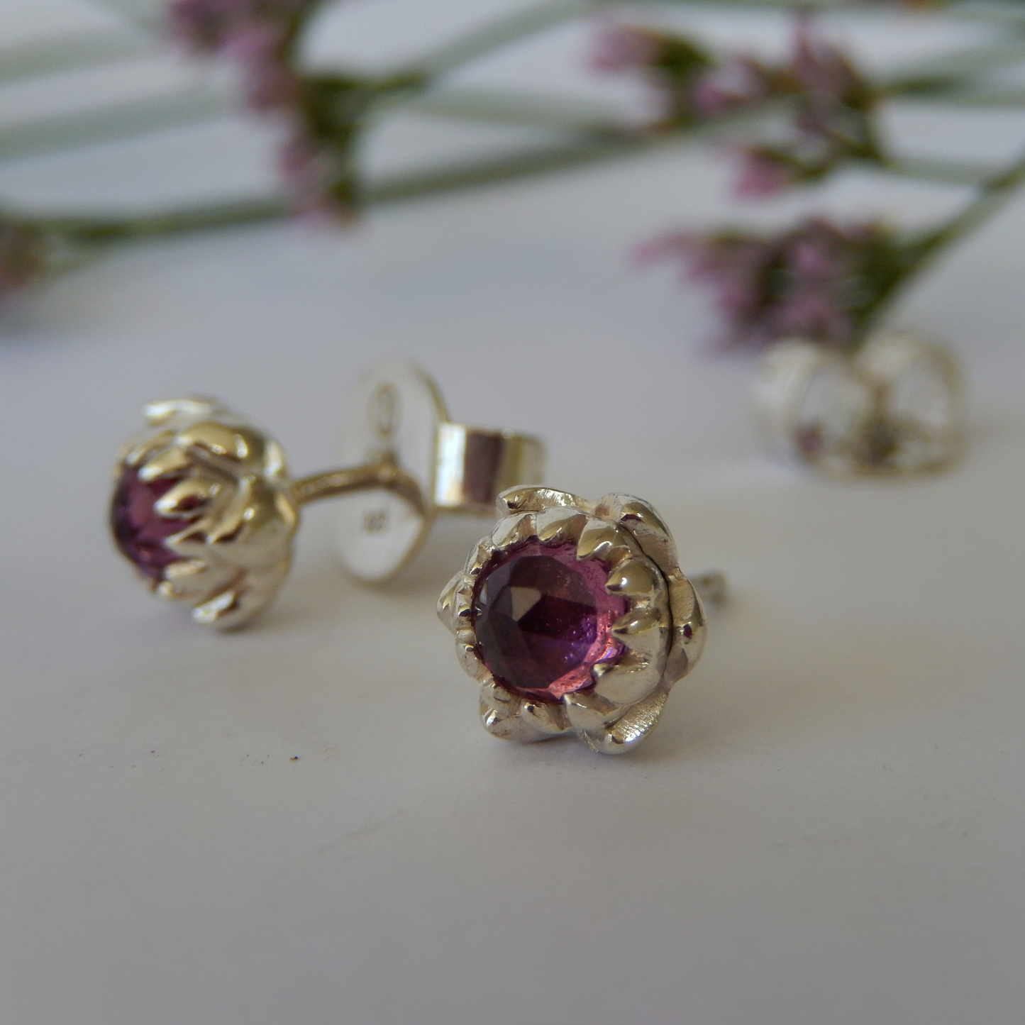 Petite Protea Stud Earrings (Rhodolite Garnet)