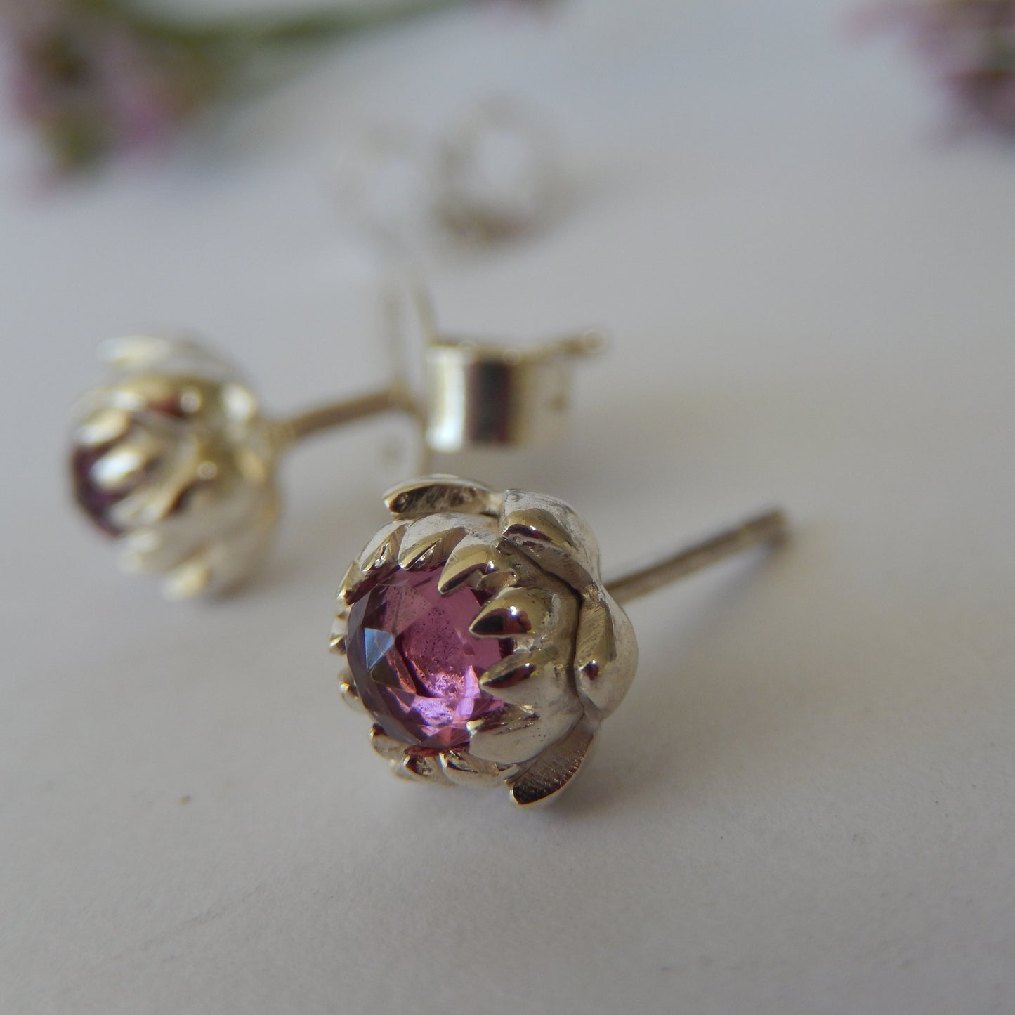 Petite Protea Stud Earrings (Rhodolite Garnet)