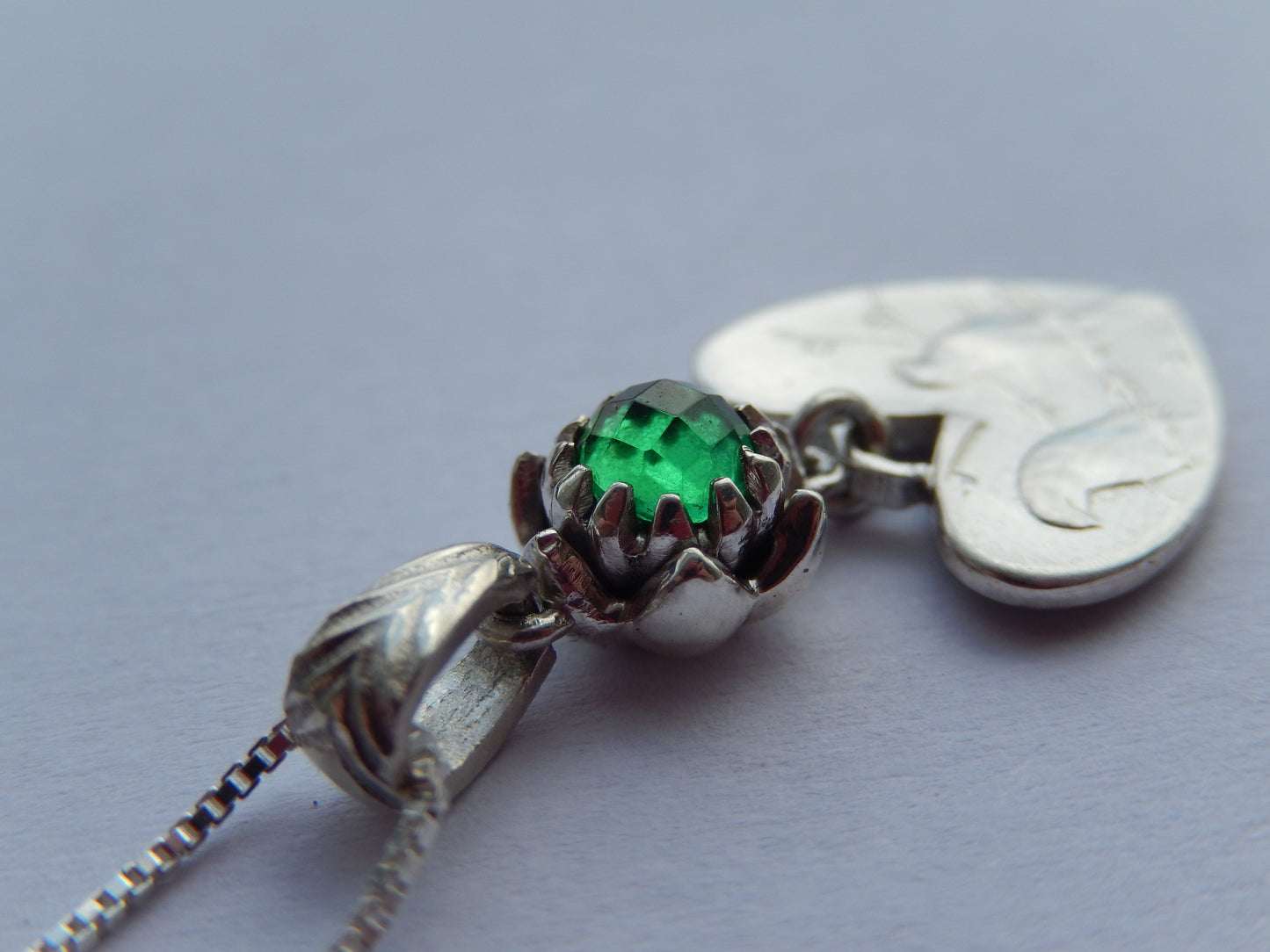 One Cent Heart and Protea Birthstone Necklace - May (Emerald)