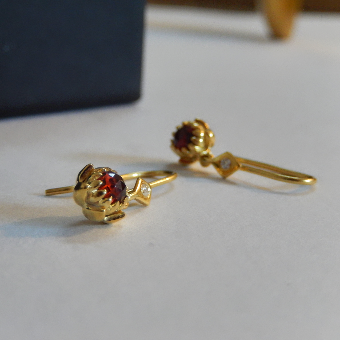 Solid 9ct Yellow Gold Petite Protea Hook Earrings (Red Garnet)