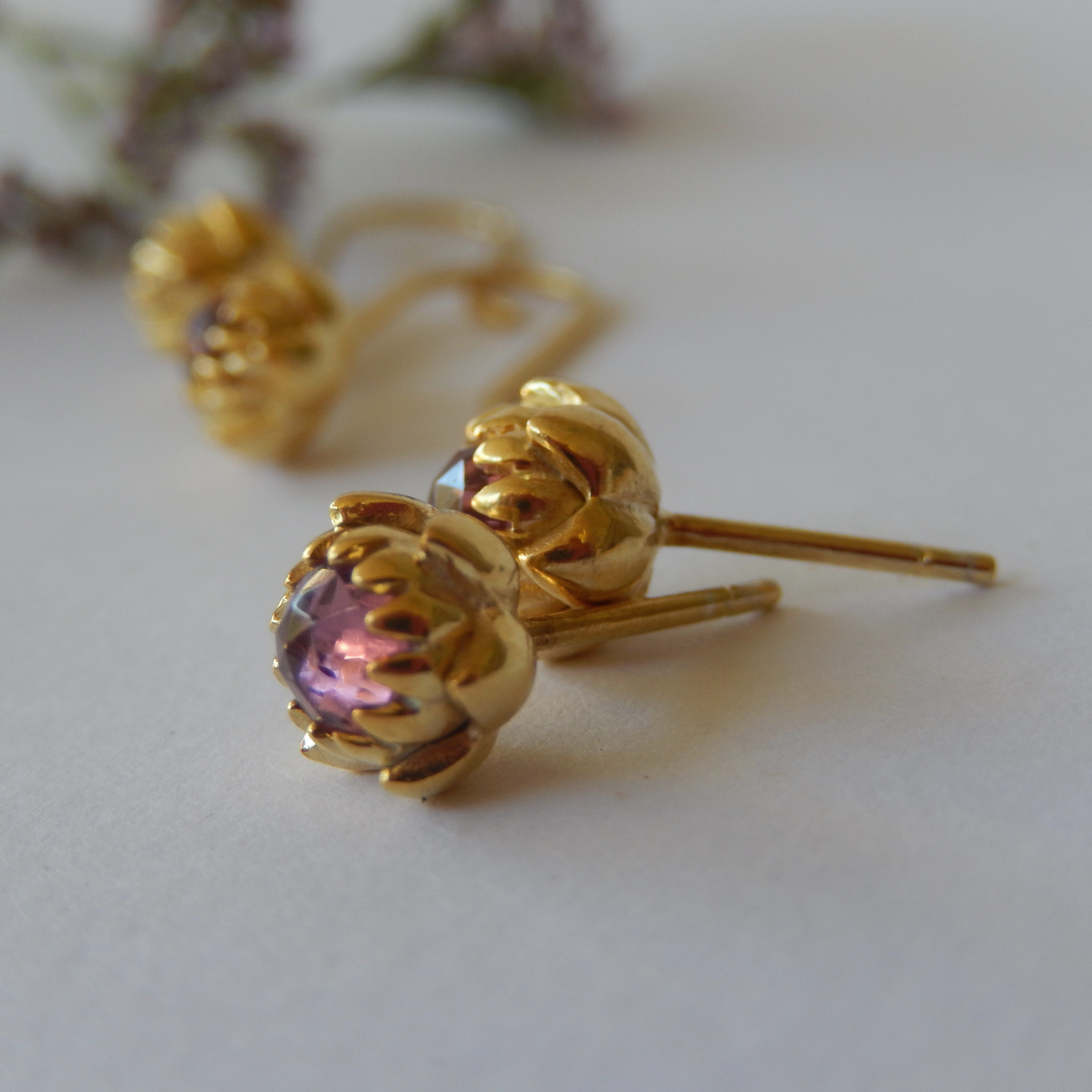 Solid 9ct Yellow Gold Petite Protea Stud Earrings (Rhodolite Garnet)