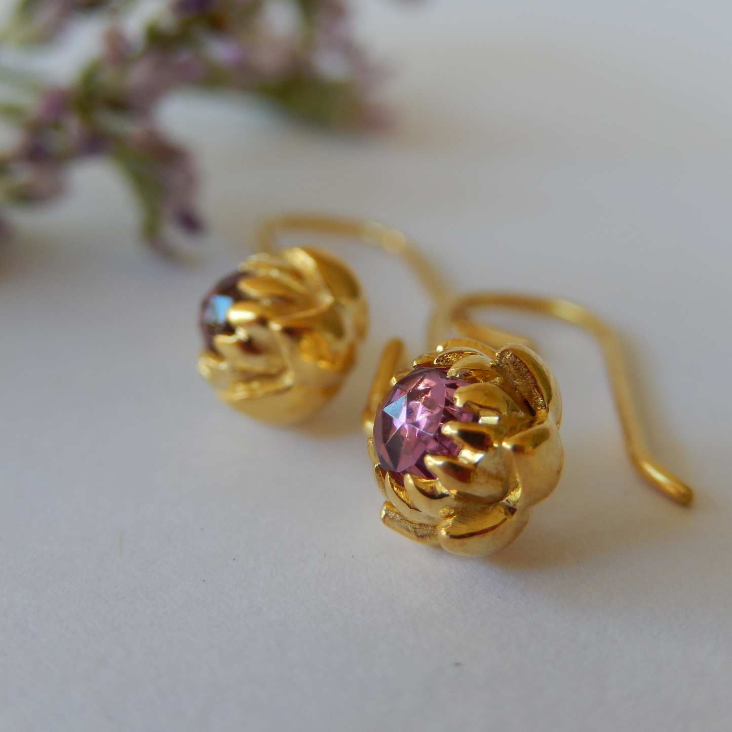 Solid 9ct Yellow Gold Petite Protea Hook Earrings (Rhodolite Garnet)