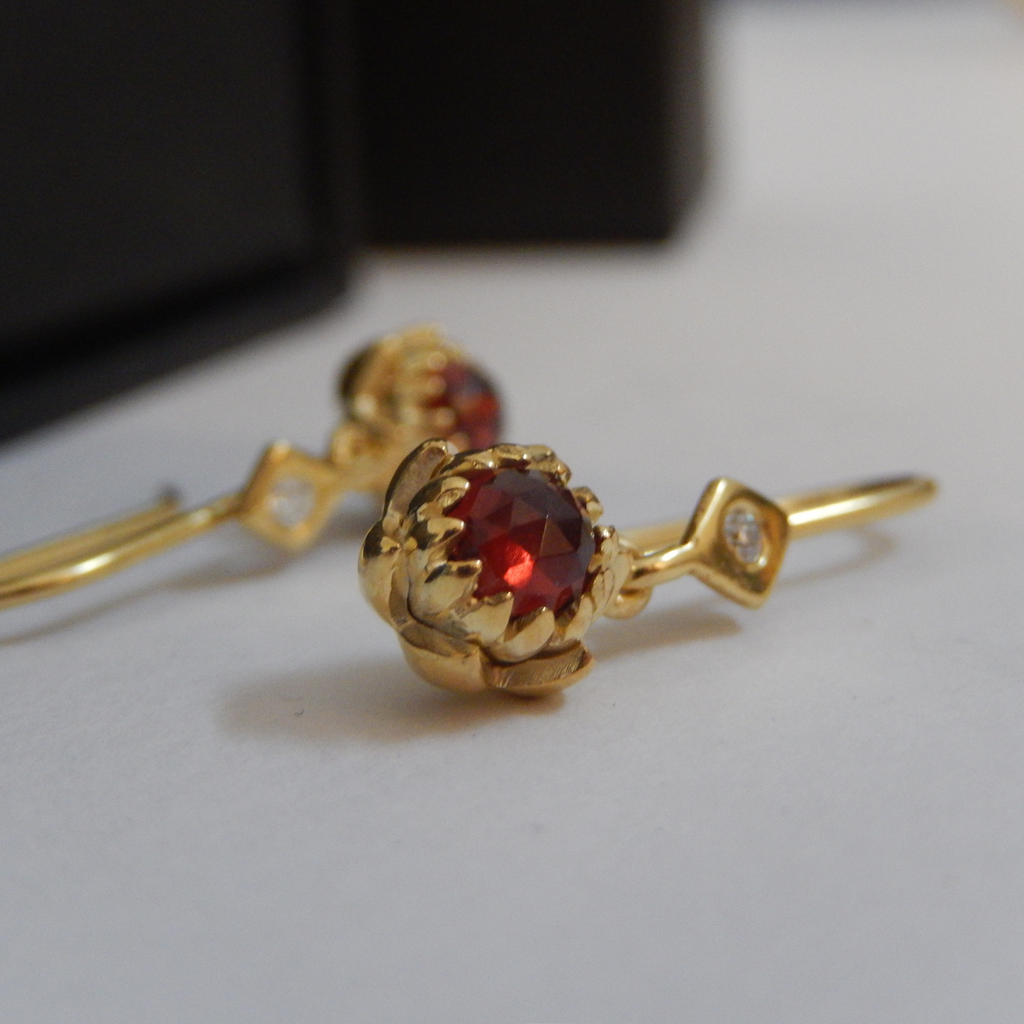 Solid 9ct Yellow Gold Petite Protea Hook Earrings (Red Garnet)