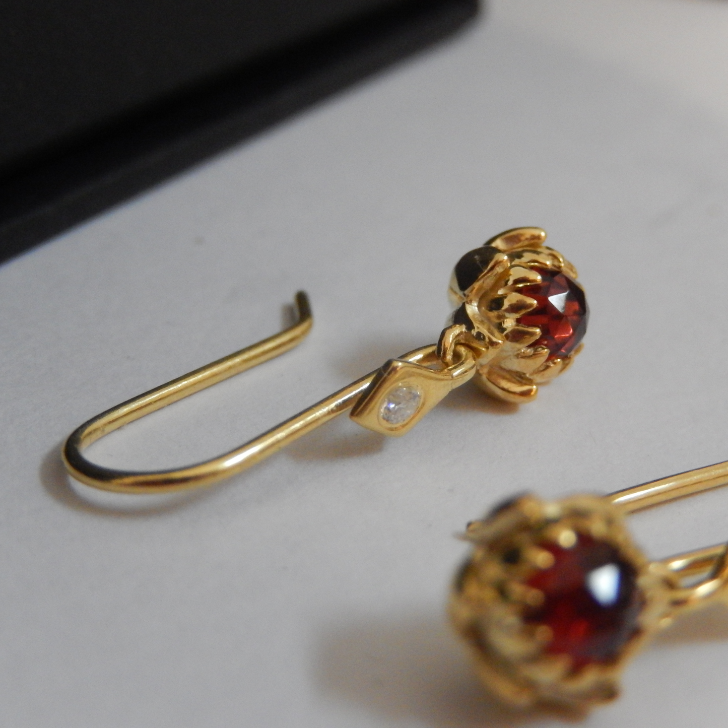 Solid 9ct Yellow Gold Petite Protea Hook Earrings (Red Garnet)