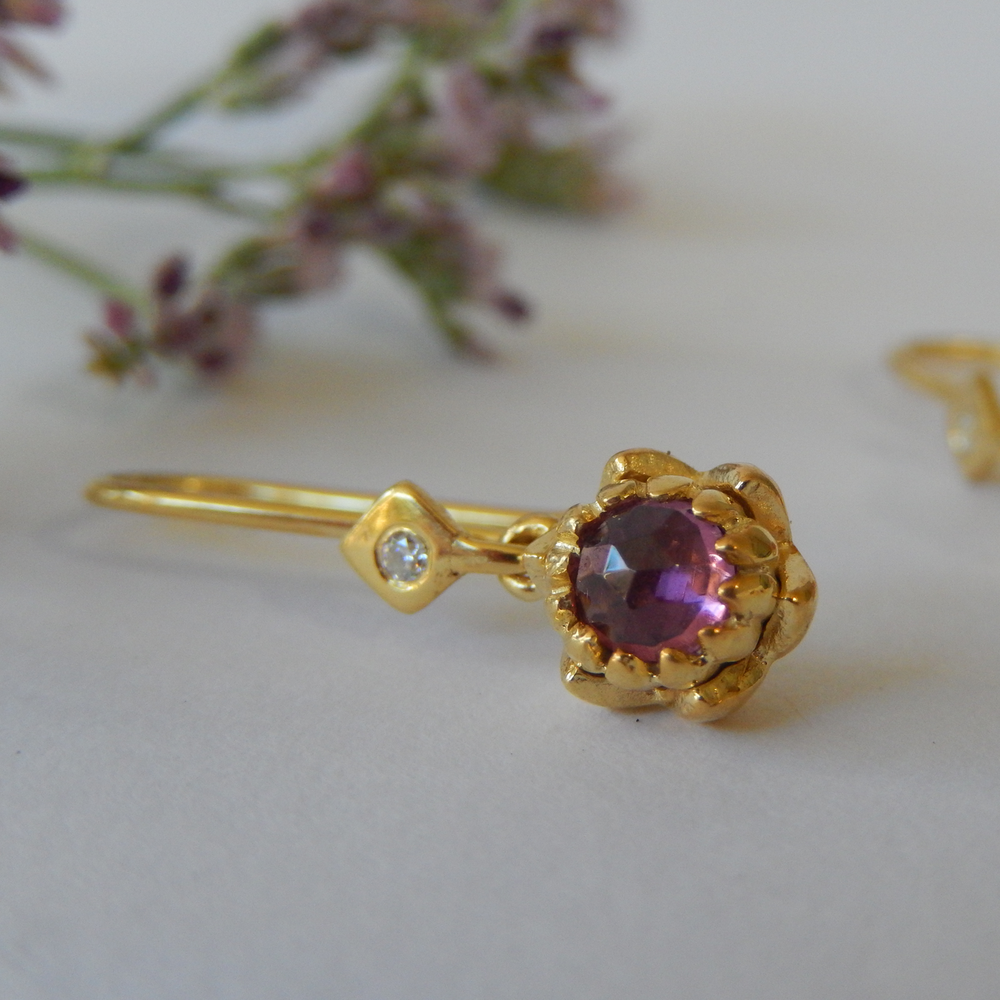 Solid 9ct Yellow Gold Petite Protea Hook Earrings (Rhodolite Garnet)