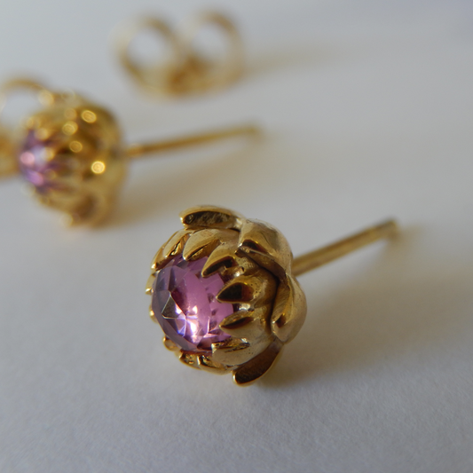 Solid 9ct Yellow Gold Petite Protea Stud Earrings (Rhodolite Garnet)