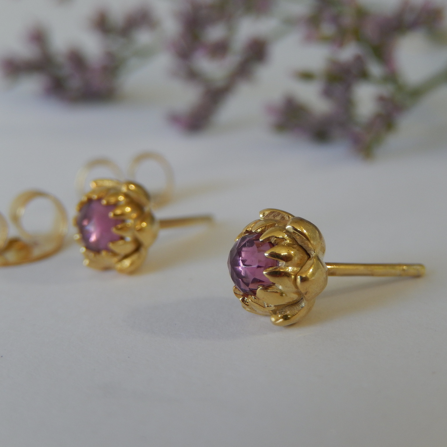 Solid 9ct Yellow Gold Petite Protea Stud Earrings (Rhodolite Garnet)