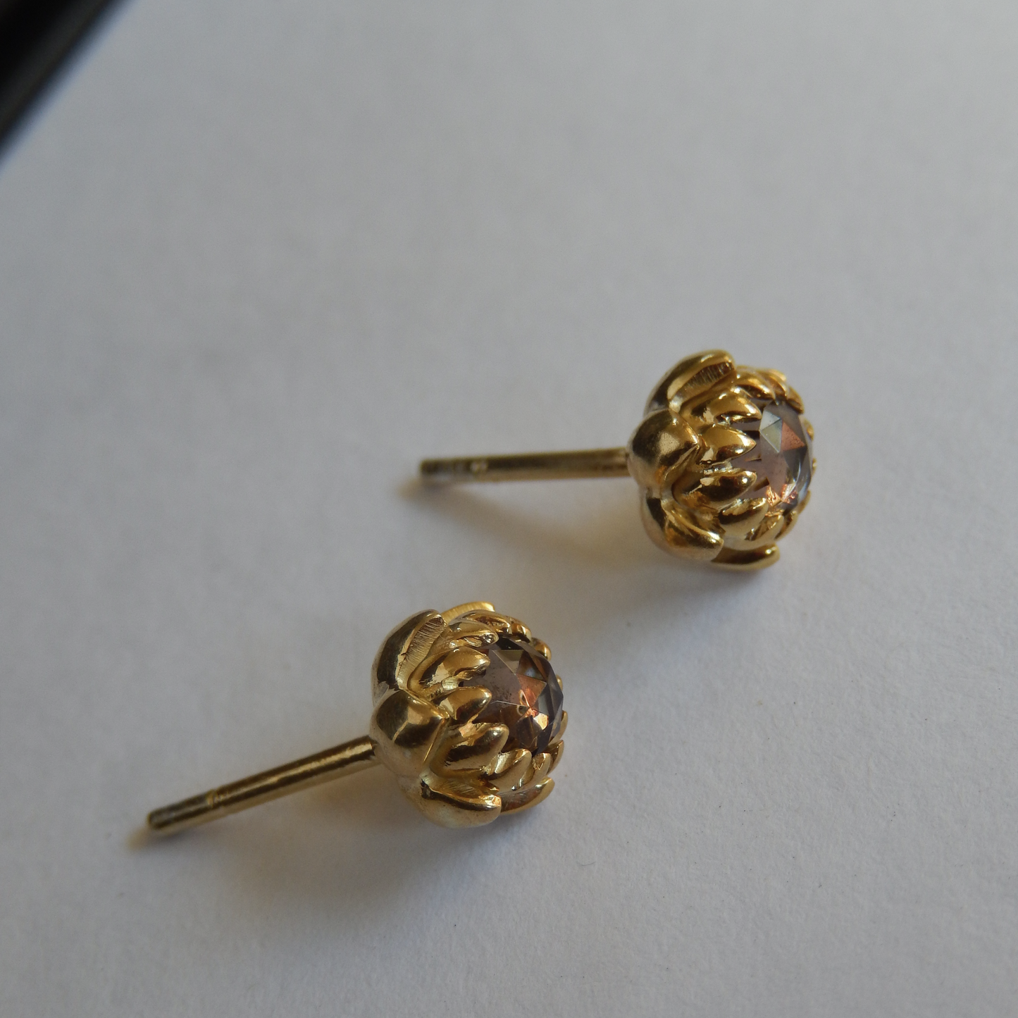 Solid 9ct Yellow Gold Petite Protea Stud Earrings (Smokey Quartz)