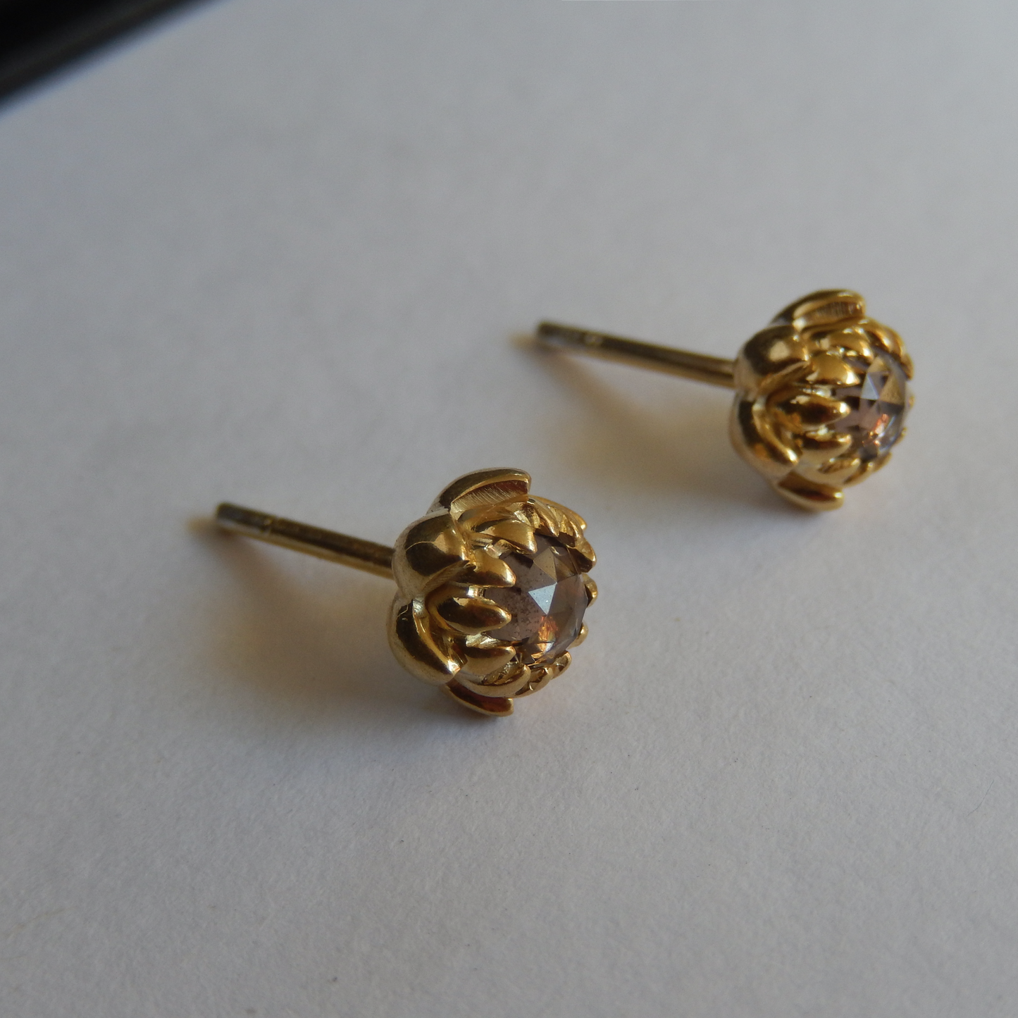 Solid 9ct Yellow Gold Petite Protea Stud Earrings (Smokey Quartz)