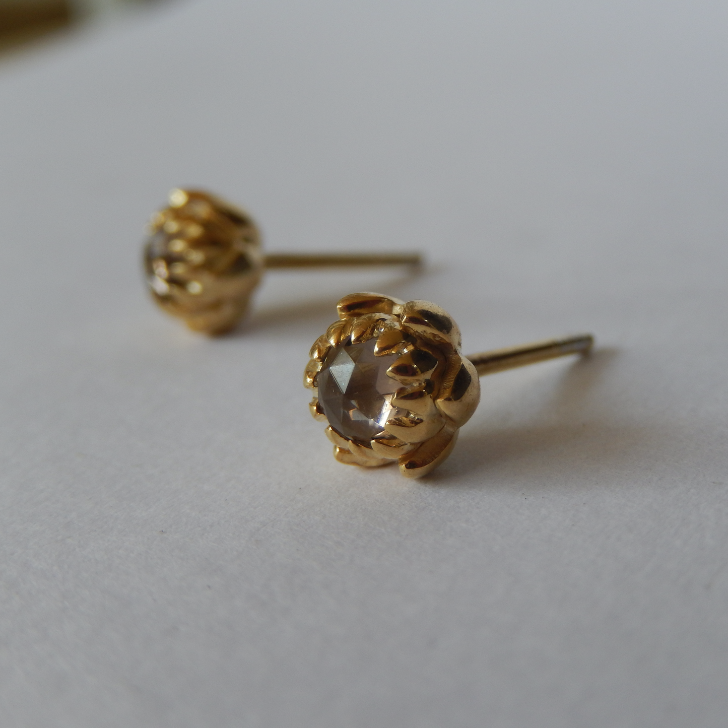 Solid 9ct Yellow Gold Petite Protea Stud Earrings (Smokey Quartz)