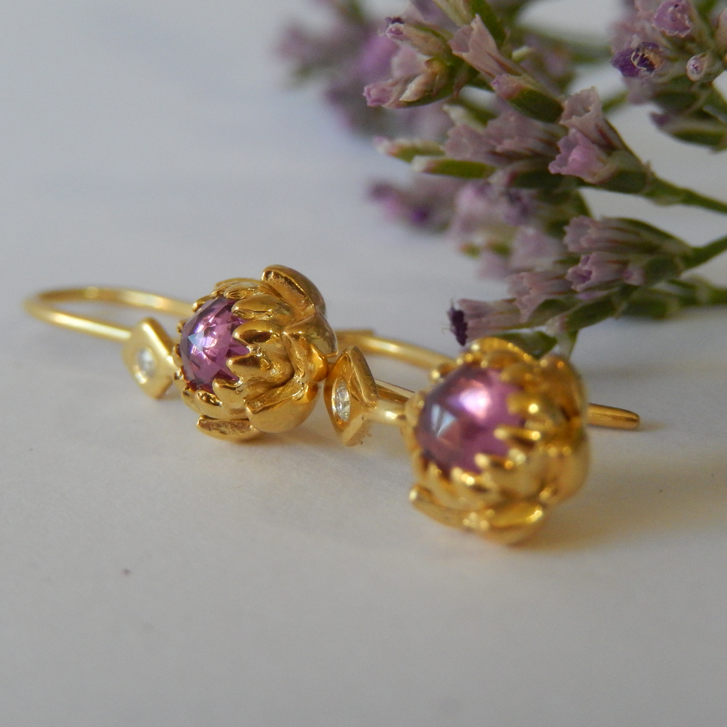 Solid 9ct Yellow Gold Petite Protea Hook Earrings (Rhodolite Garnet)