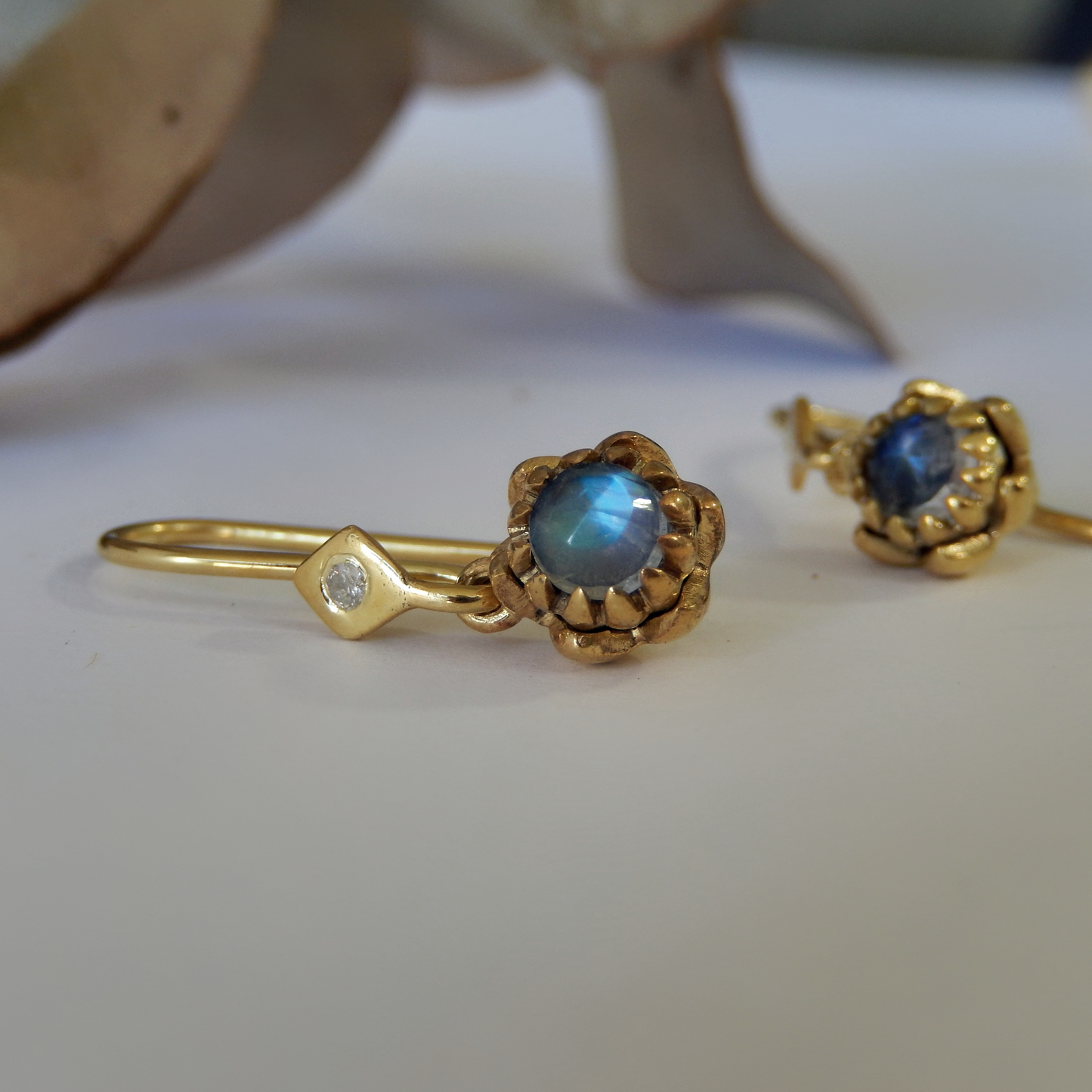 Solid 9ct Yellow Gold Petite Protea Hook Earrings (Moonstone)