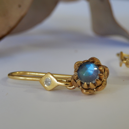 Solid 9ct Yellow Gold Petite Protea Hook Earrings (Moonstone)