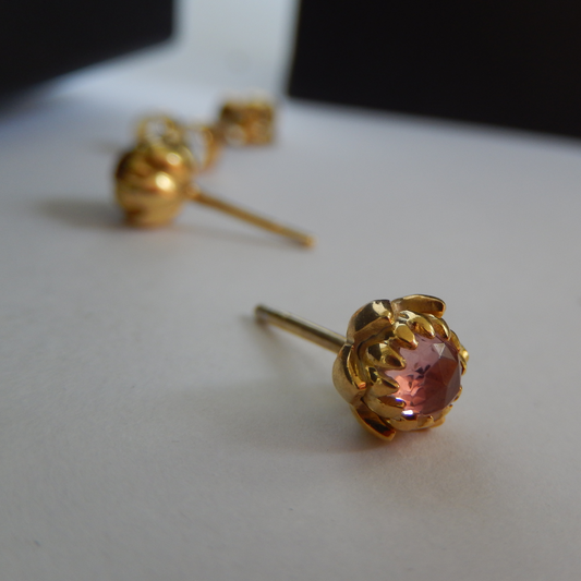 Solid 9ct Yellow Gold Petite Protea Stud Earrings (Pink Tourmaline)