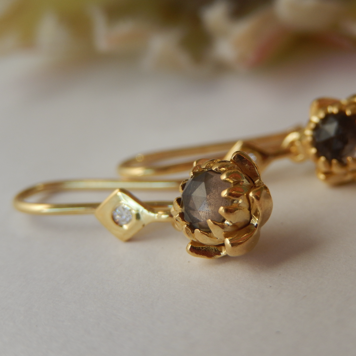 Solid 9ct Yellow Gold Petite Protea Hook Earrings (Smokey Quartz)