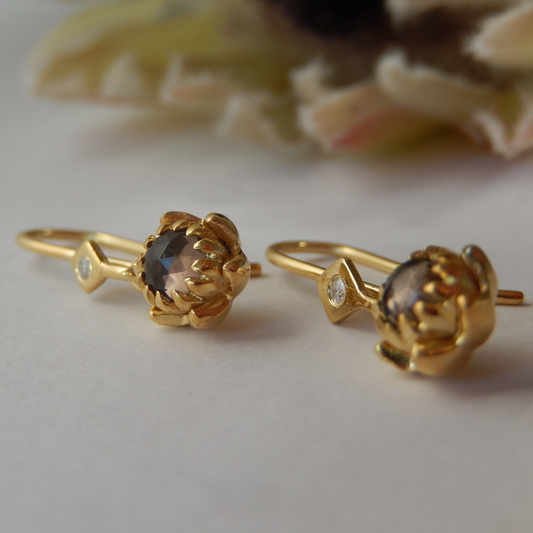 Solid 9ct Yellow Gold Petite Protea Hook Earrings (Smokey Quartz)