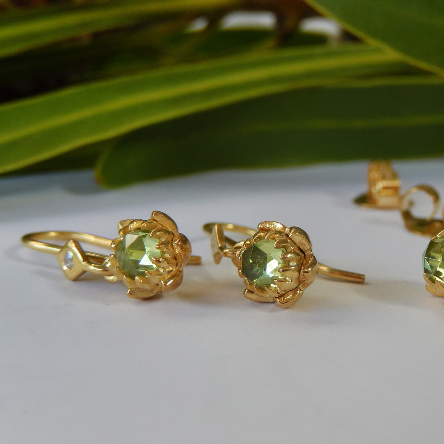 Solid 9ct Yellow Gold Petite Protea Hook Earrings (Peridot)