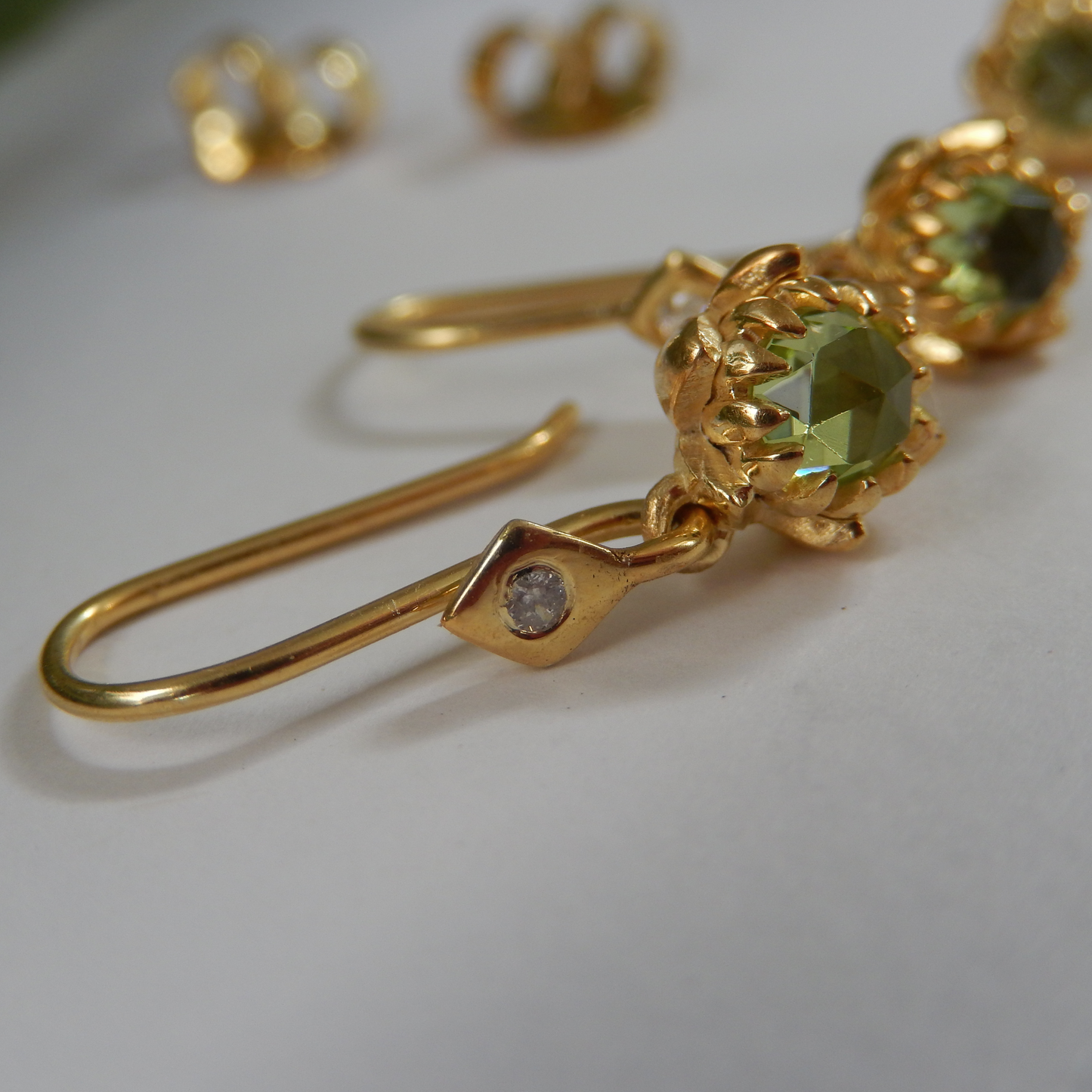 Solid 9ct Yellow Gold Petite Protea Hook Earrings (Peridot)