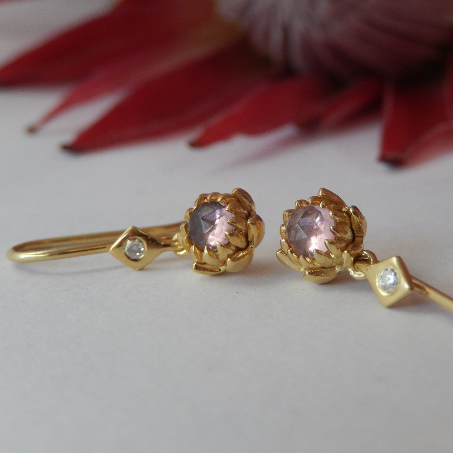 Solid 9ct Yellow Gold Petite Protea Hook Earrings (Pink Tourmaline)