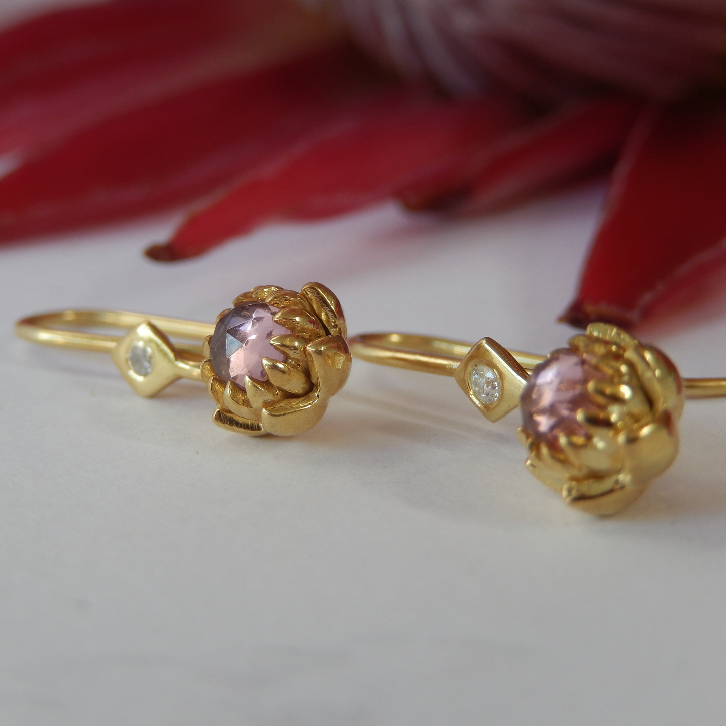 Solid 9ct Yellow Gold Petite Protea Hook Earrings (Pink Tourmaline)