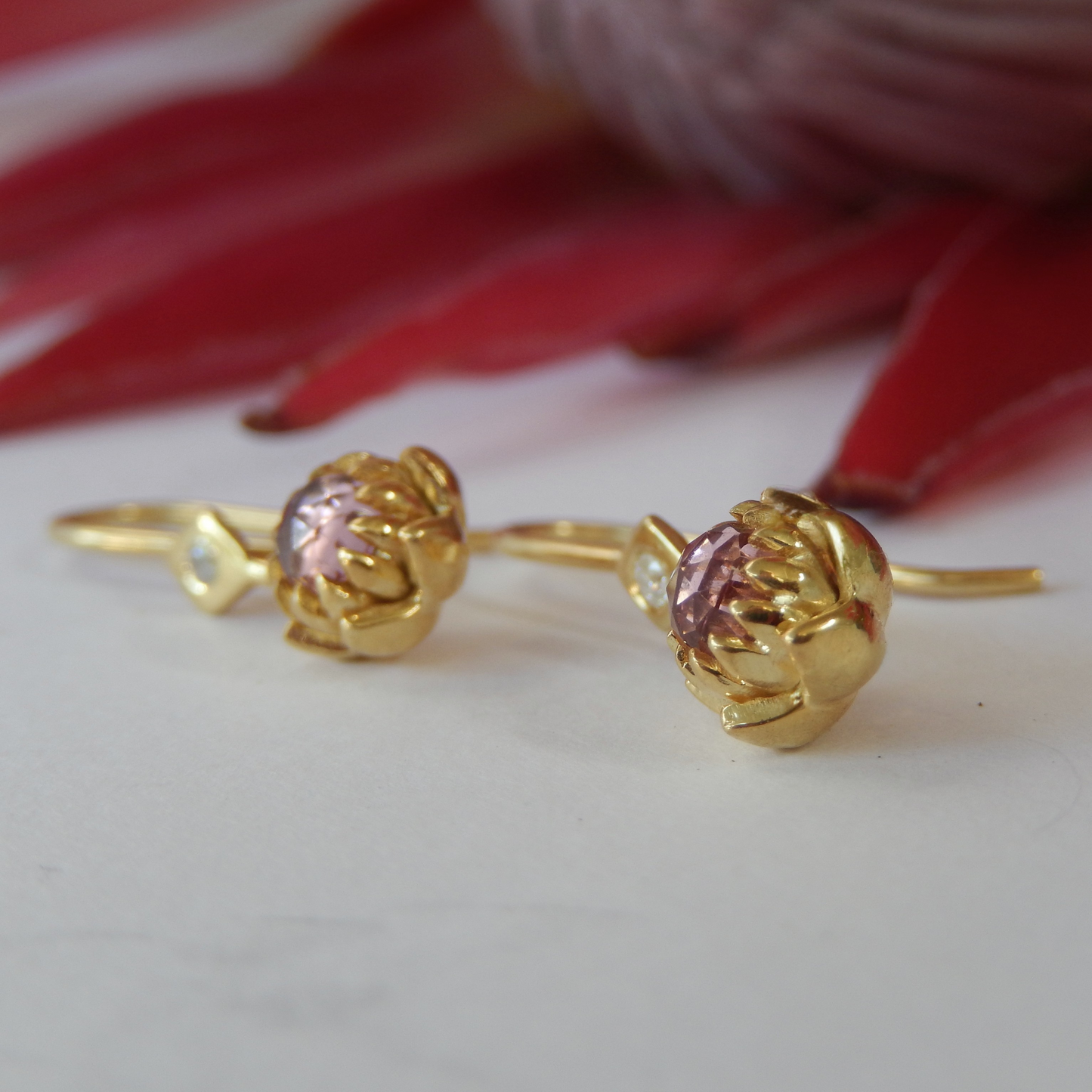 Solid 9ct Yellow Gold Petite Protea Hook Earrings (Pink Tourmaline)