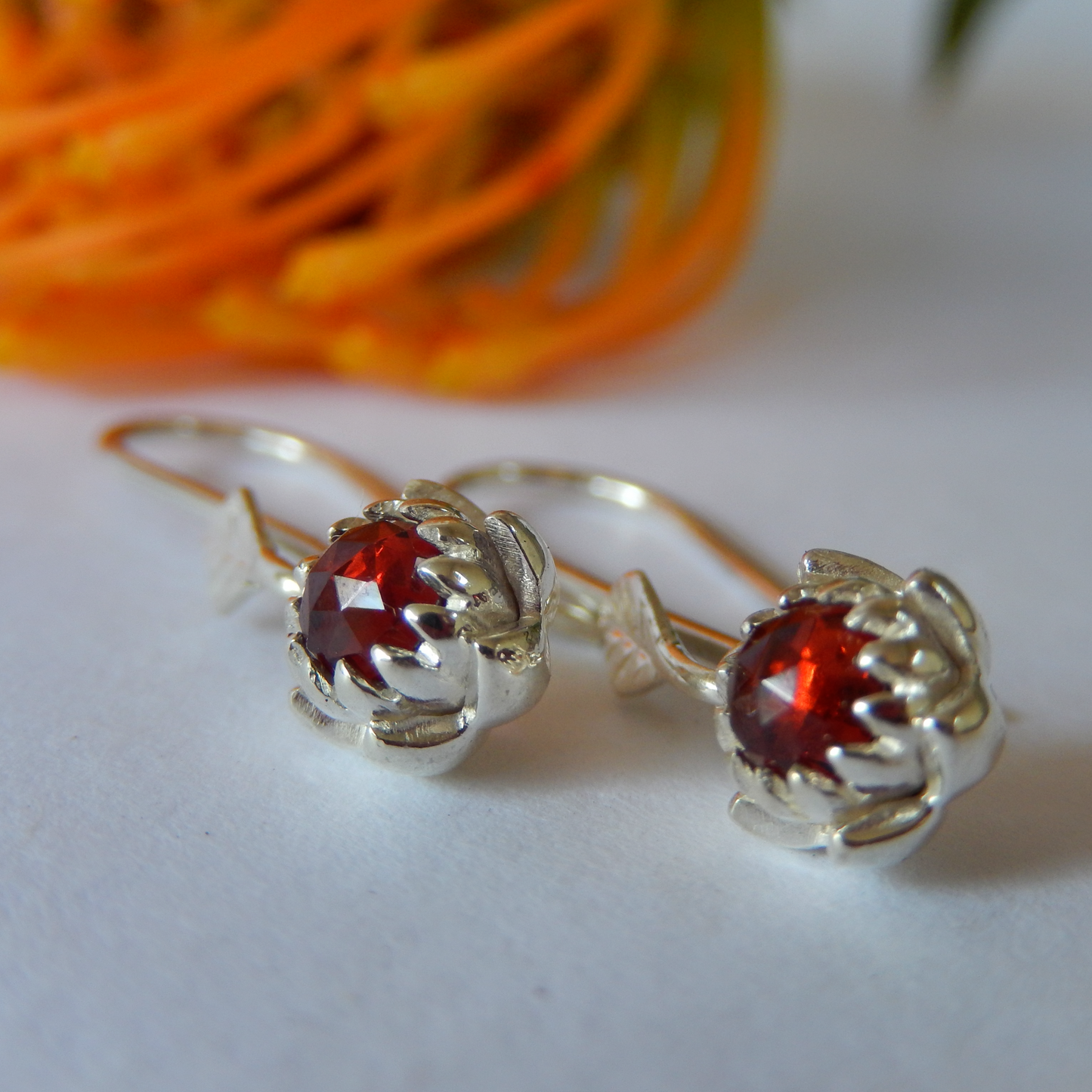 Petite Protea Hook Earrings (Red Garnet)