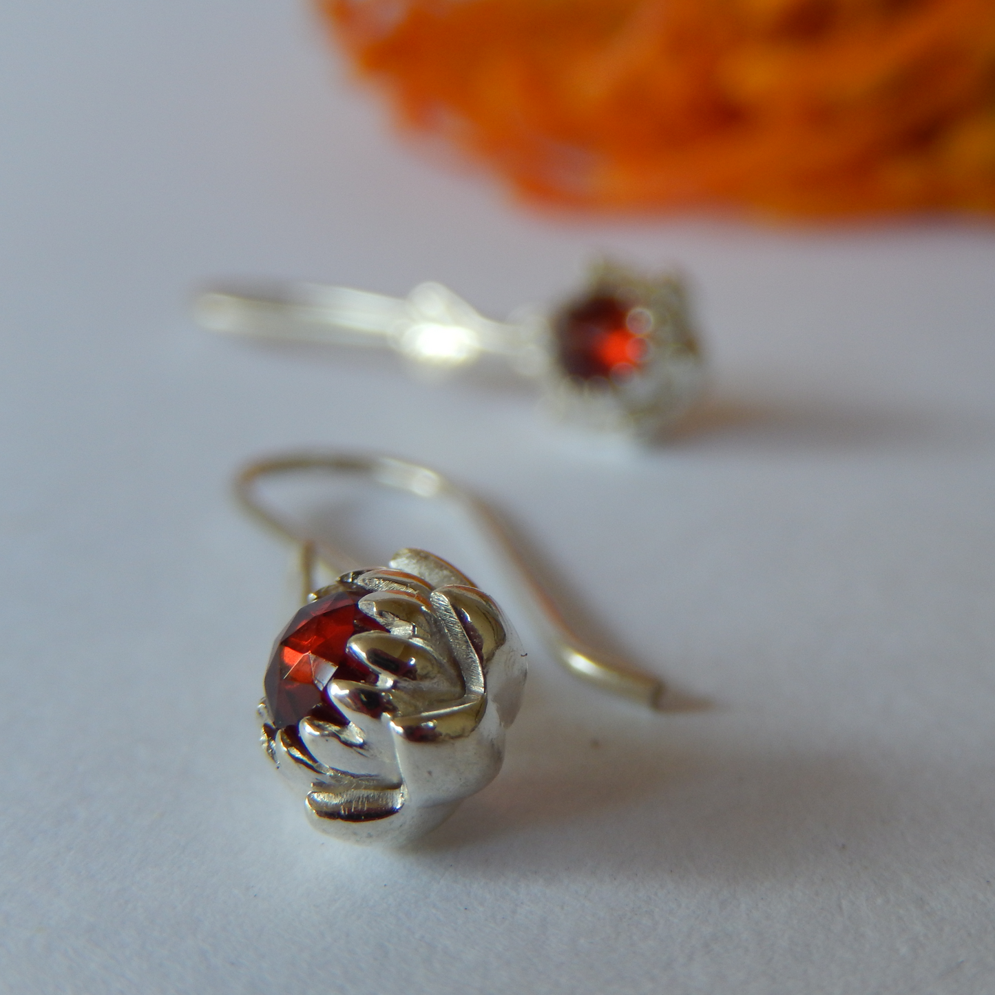 Petite Protea Hook Earrings (Red Garnet)