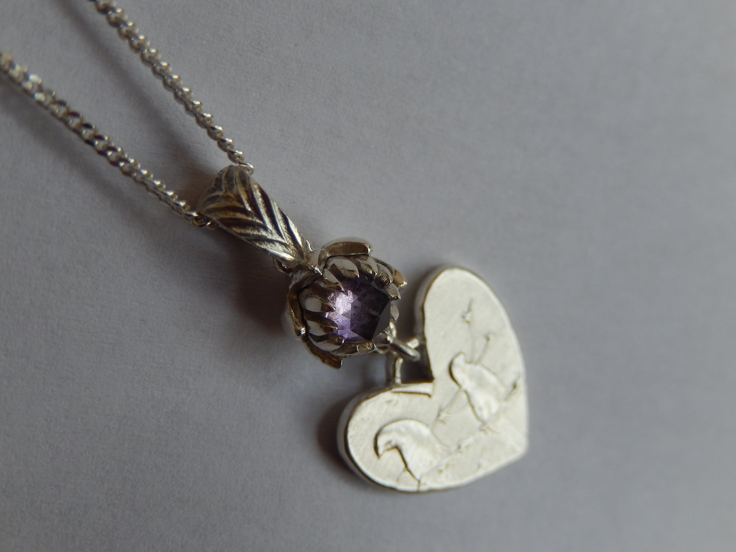 One Cent Heart and Protea Birthstone Necklace - February (Amethyst)