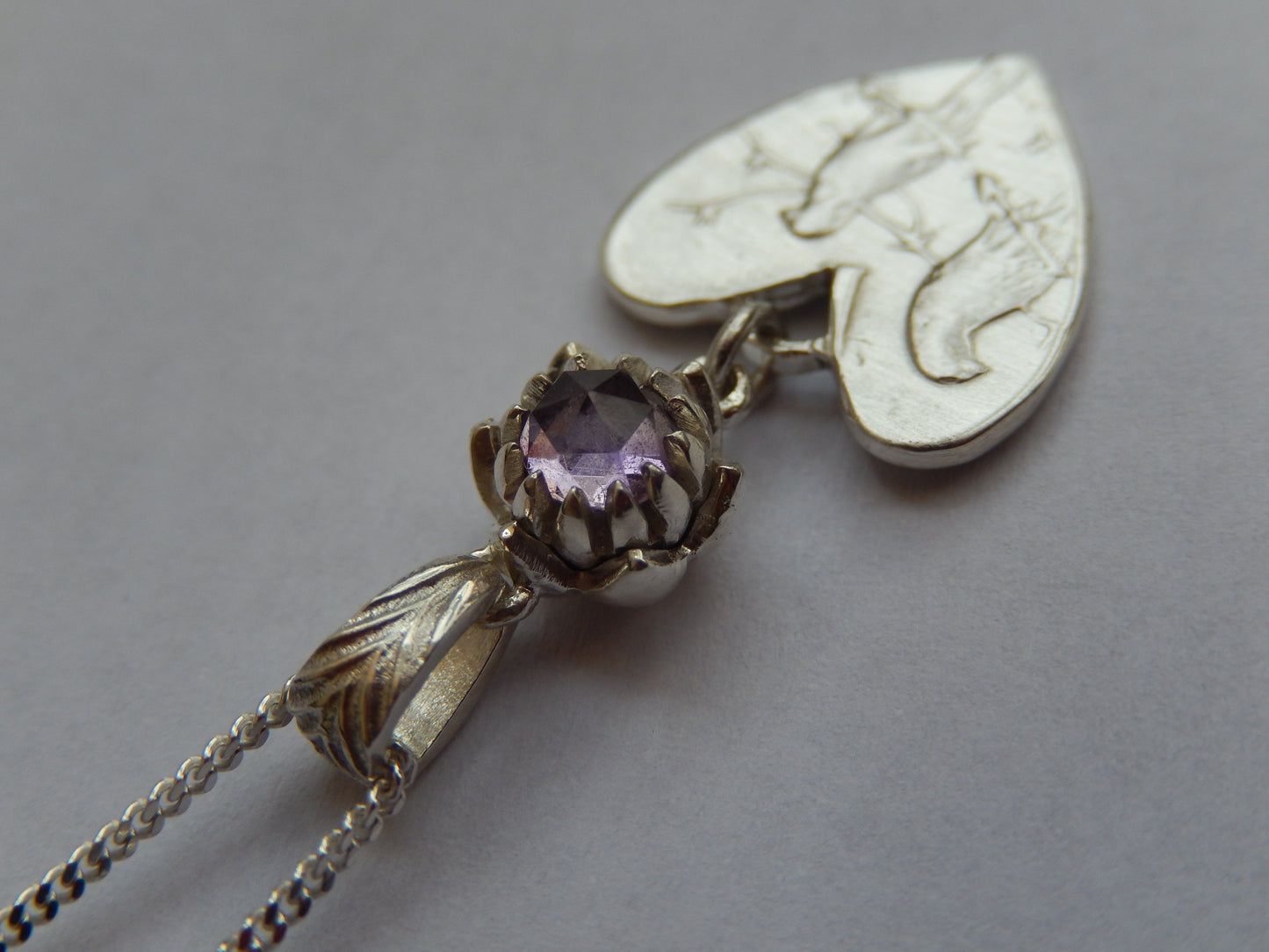 One Cent Heart and Protea Birthstone Necklace - February (Amethyst)