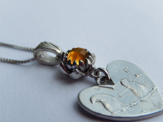 One Cent Heart and Protea Birthstone Necklace - November (Citrine)