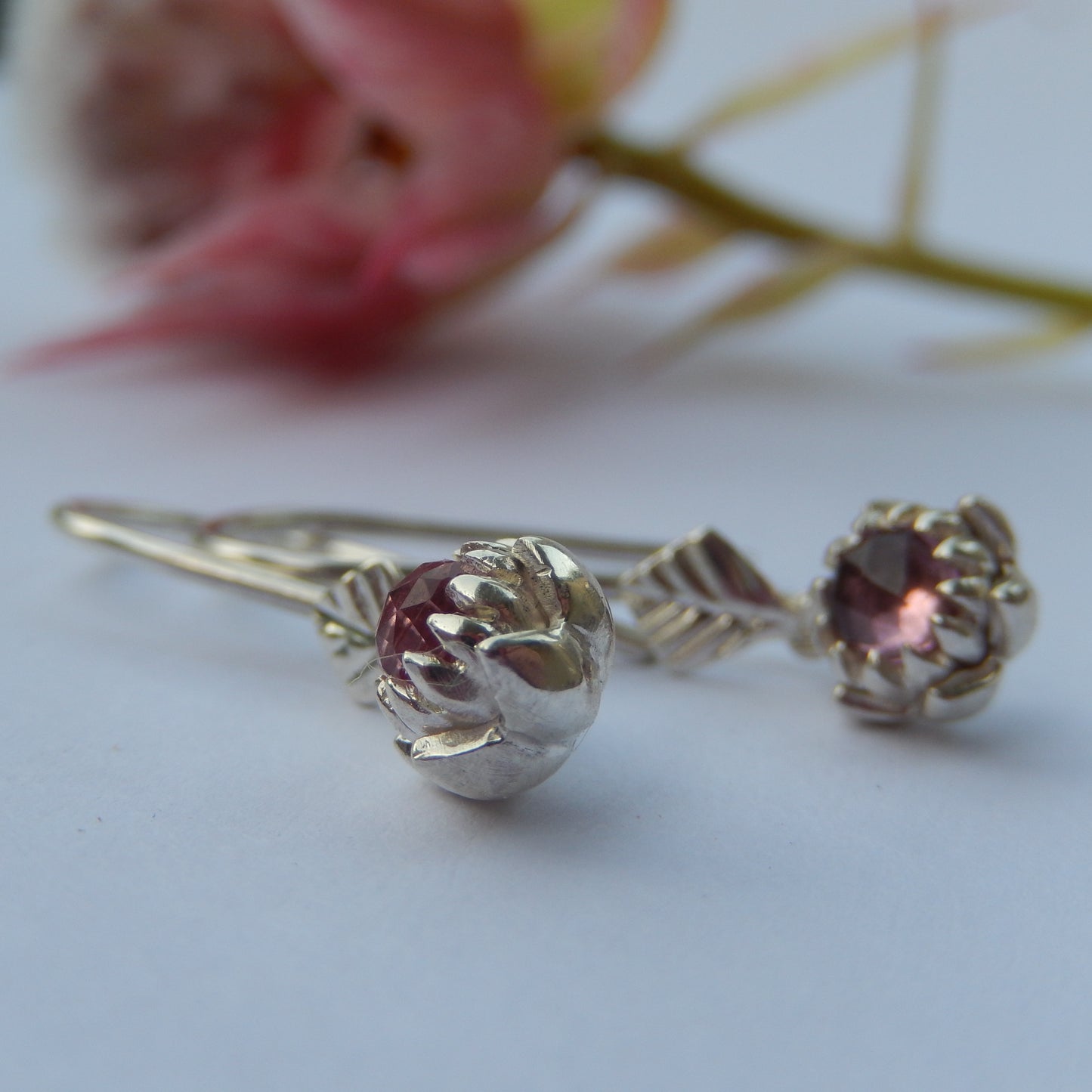 Petite Protea Hook Earrings (Pink Tourmaline)