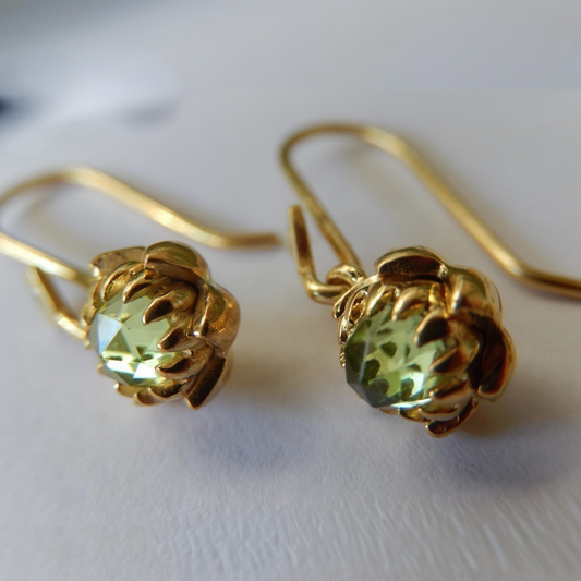 Solid 9ct Yellow Gold Petite Protea Hook Earrings (Peridot)