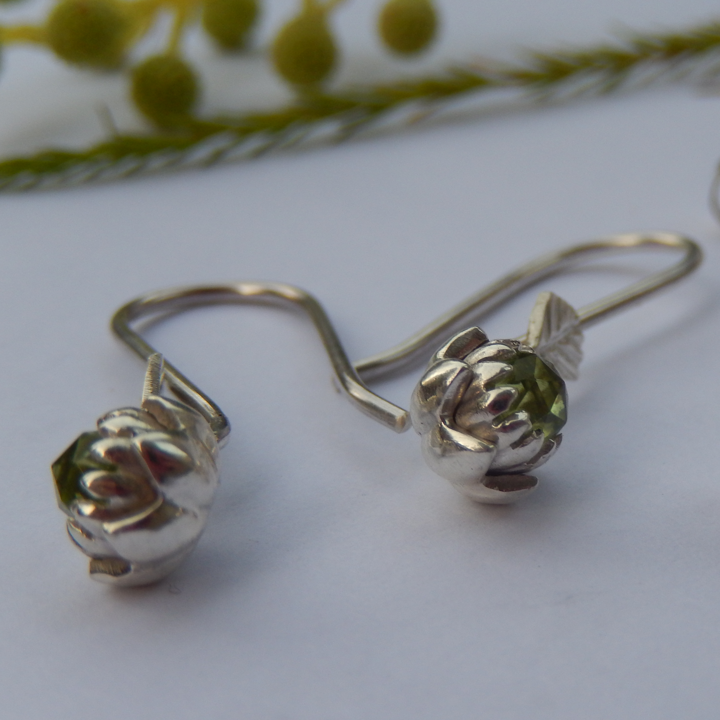 Petite Protea Hook Earrings (Peridot)