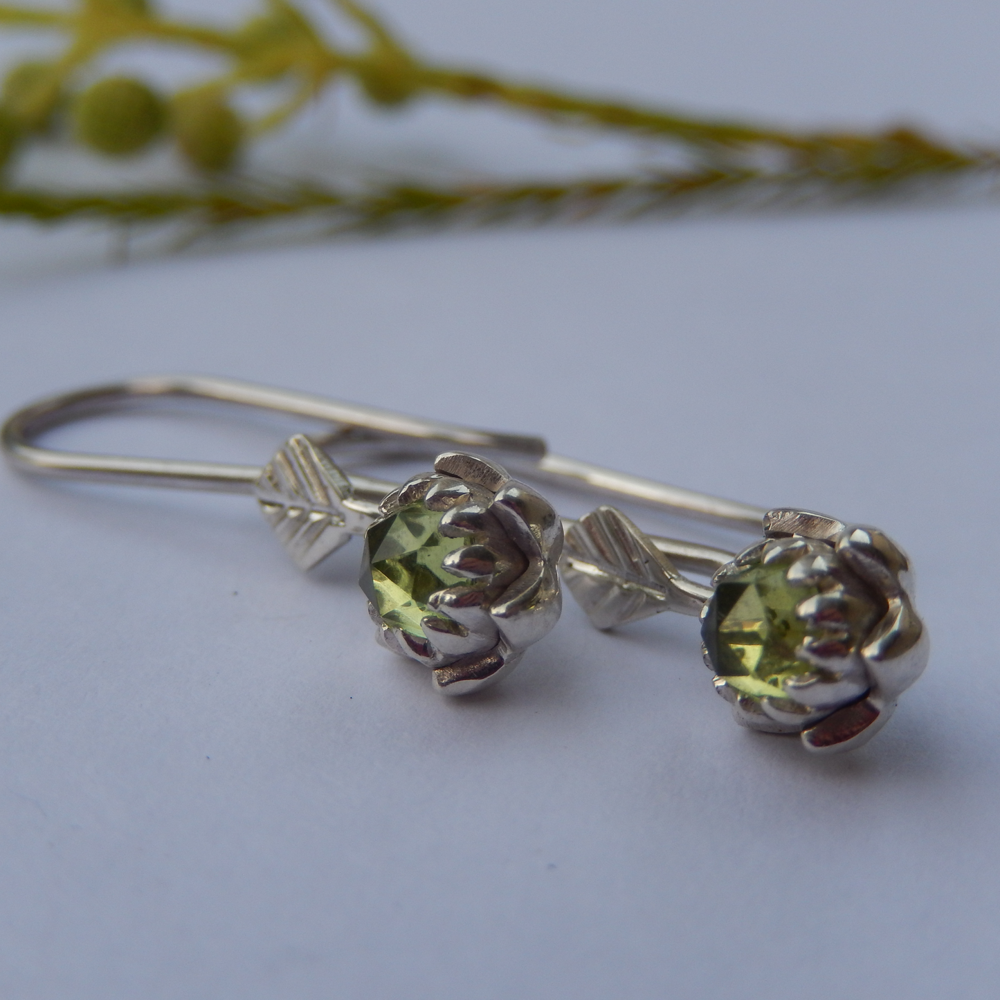 Petite Protea Hook Earrings (Peridot)