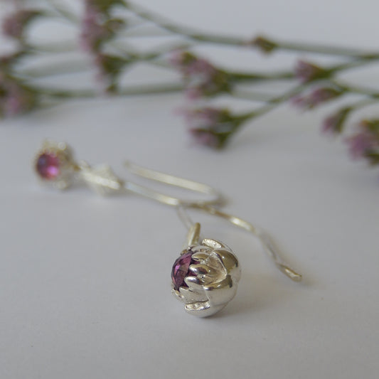 Petite Protea Hook Earrings (Rhodolite Garnet)