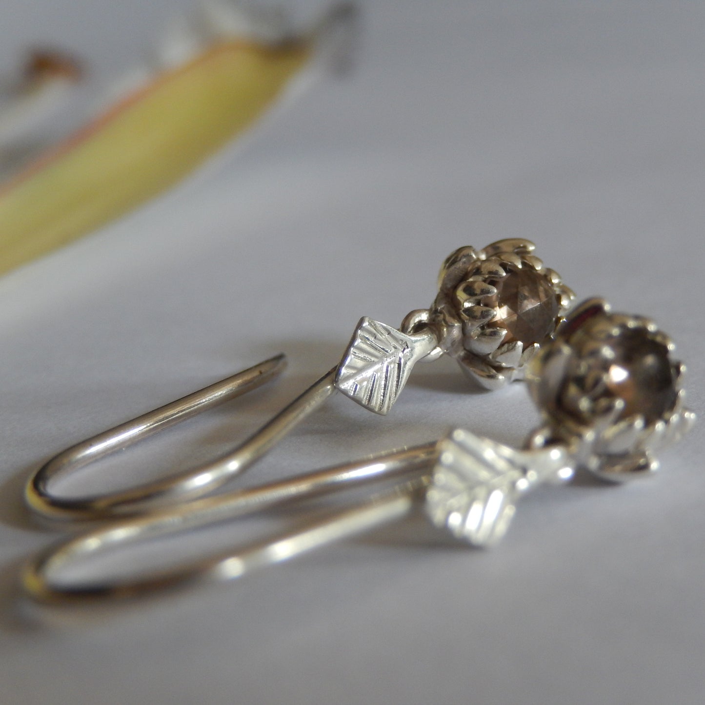 Petite Protea Hook Earrings (Smokey Quartz)