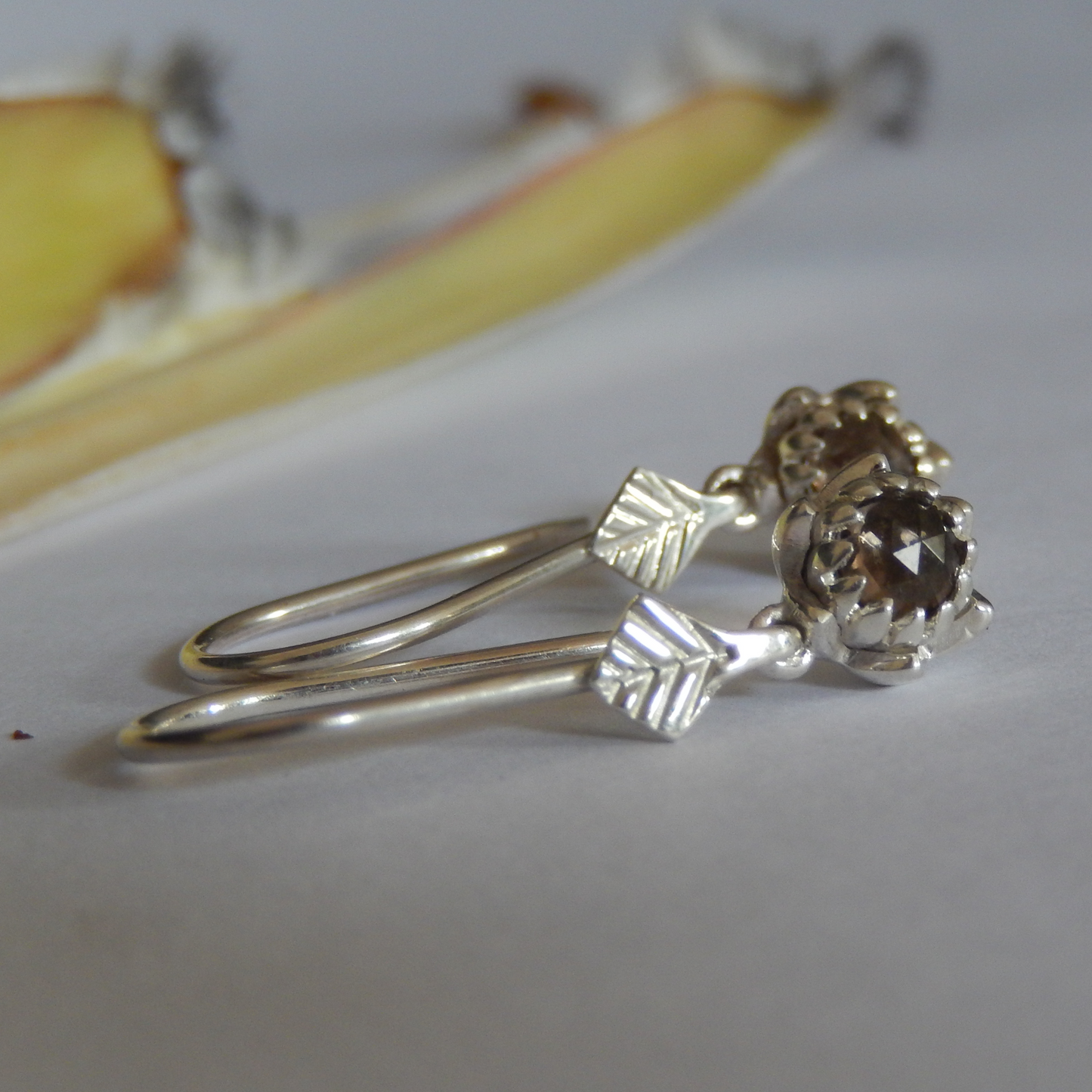 Petite Protea Hook Earrings (Smokey Quartz)