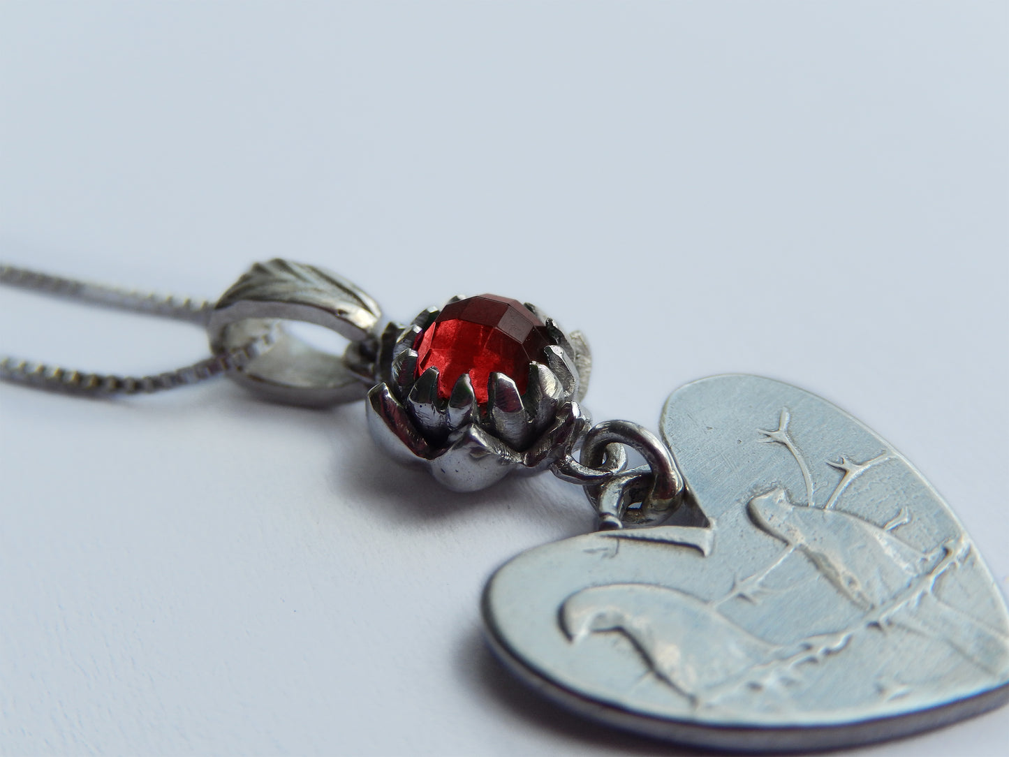 One Cent Heart and Protea Birthstone Necklace - January (Red Garnet)