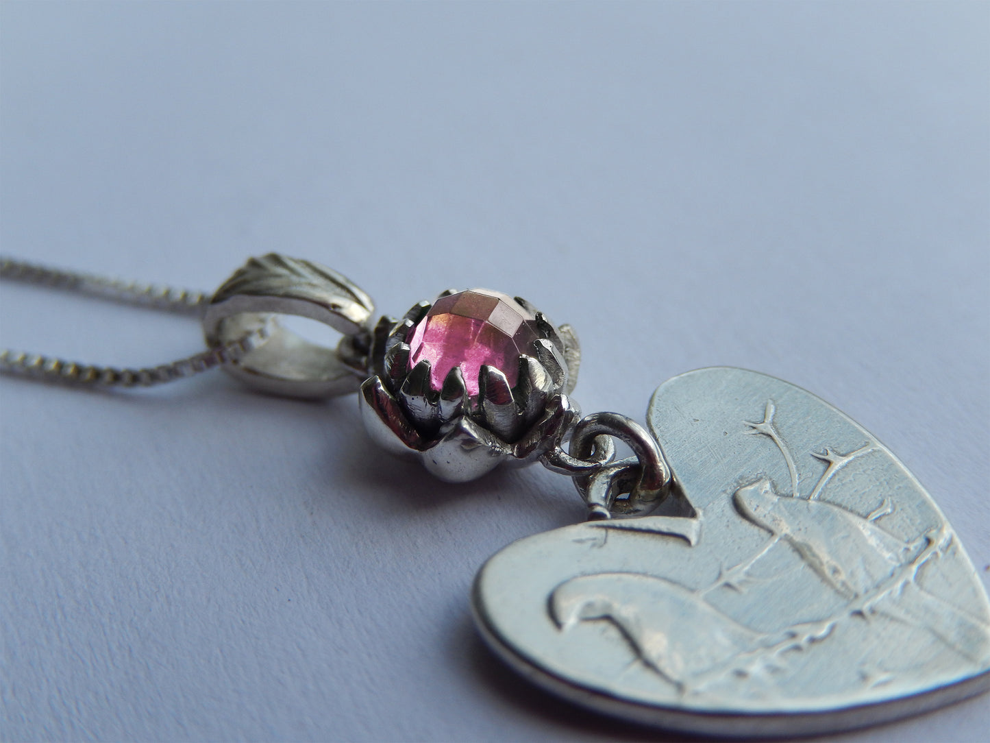 One Cent Heart and Protea Birthstone Necklace - October (Pink Tourmaline)