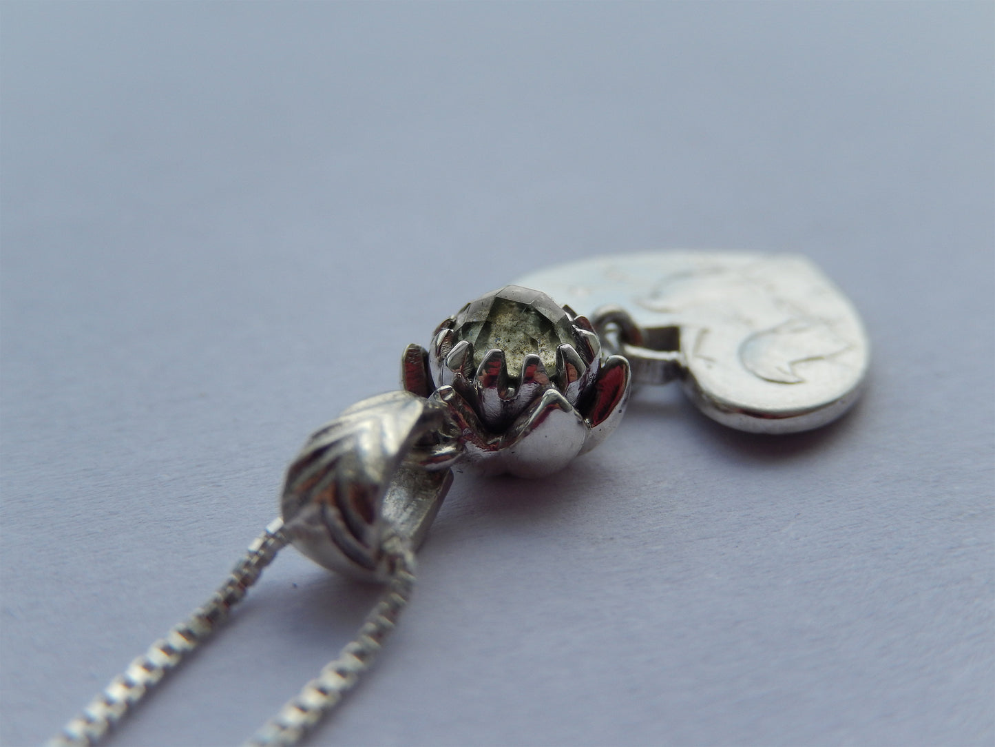 One Cent Heart and Protea Birthstone Necklace - April (Salt and Pepper Diamond)