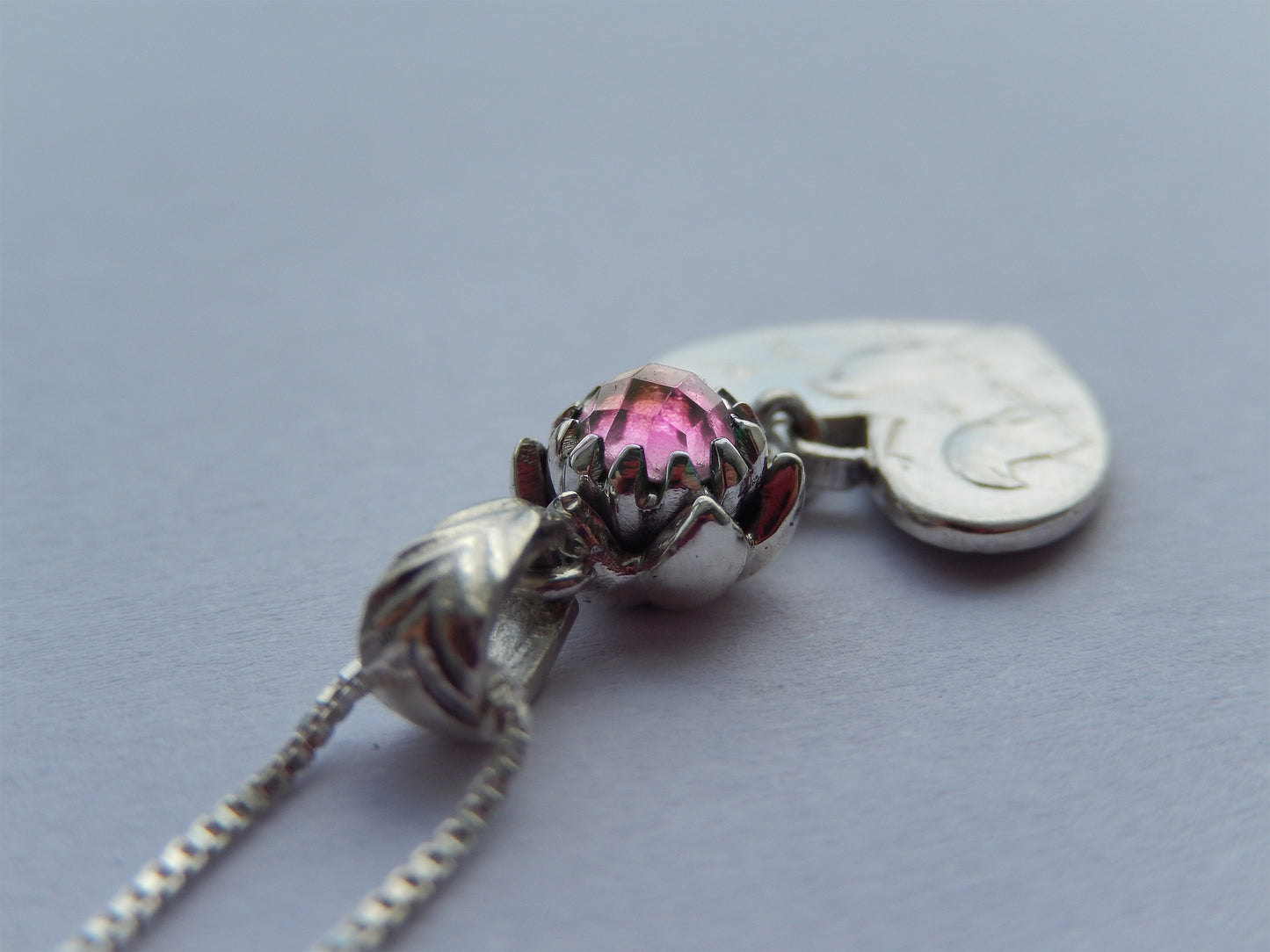 One Cent Heart and Protea Birthstone Necklace - October (Pink Tourmaline)