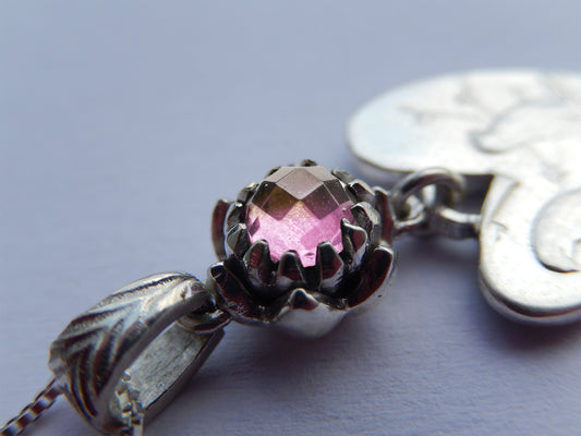 One Cent Heart and Protea Birthstone Necklace - October (Pink Tourmaline)