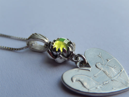 One Cent Heart and Protea Birthstone Necklace - August (Peridot)