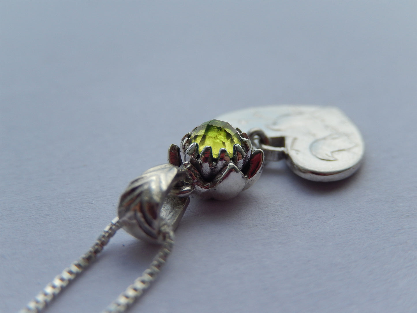 One Cent Heart and Protea Birthstone Necklace - August (Peridot)