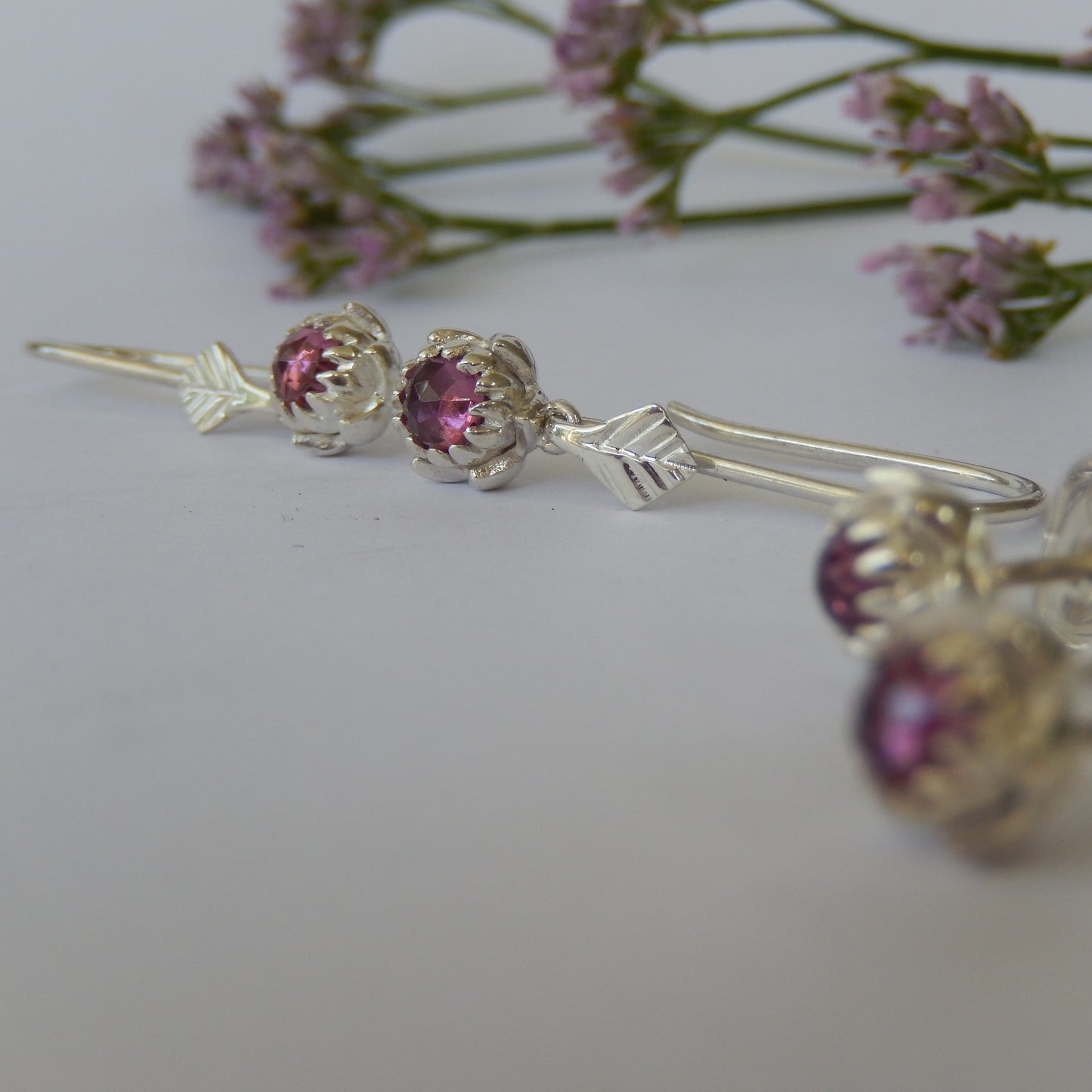 Petite Protea Hook Earrings (Rhodolite Garnet)